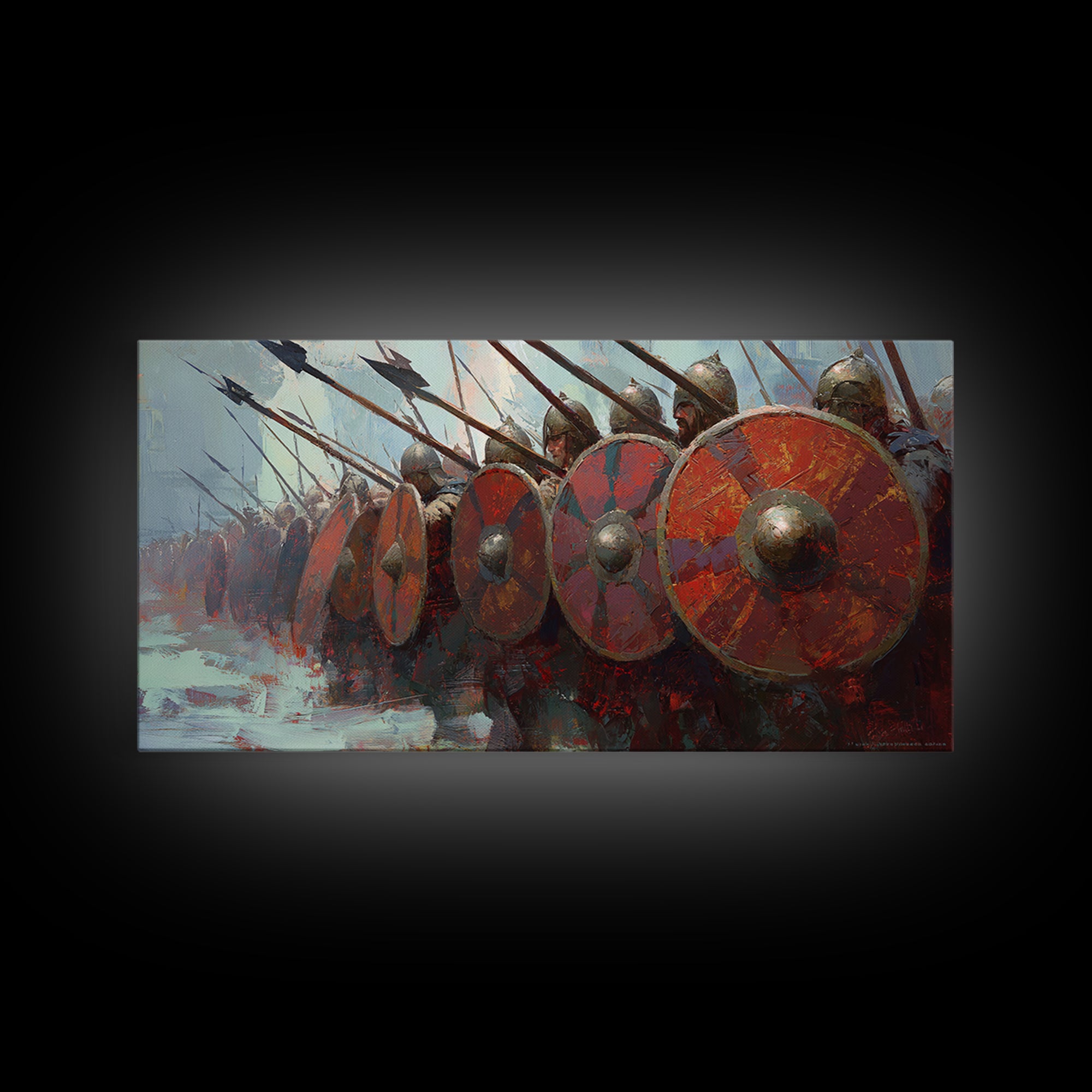 Spartan Phalanx With Red Shields Framed Canvas Print Ancient Warrior Wall Art, Historical Battle Office Decor For Man Cave