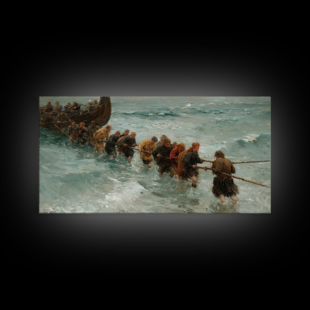 Viking Ship Landing In Icy Surf Framed Canvas Print, Norse Seascape Wall Art, Coastal Adventure Home Decor, Unique Gift For Him
