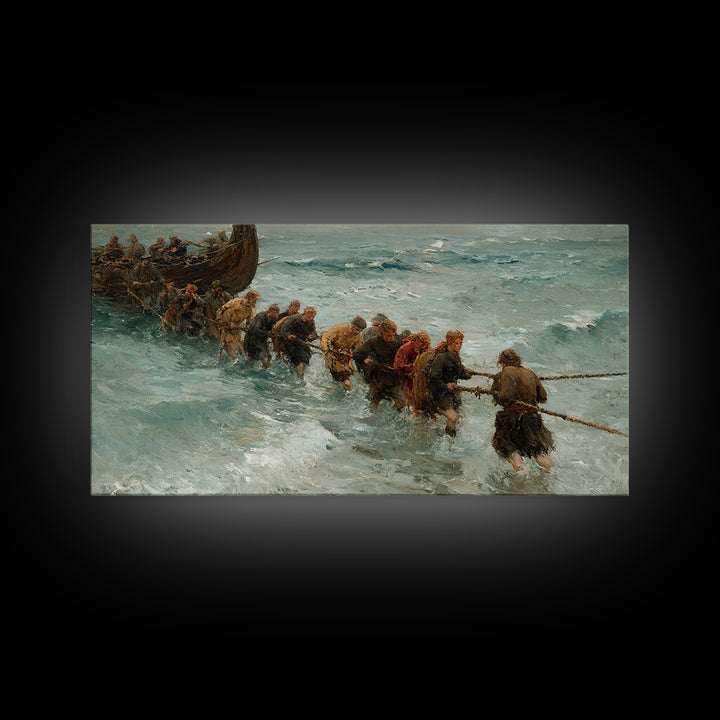 Viking Ship Landing In Icy Surf Framed Canvas Print, Norse Seascape Wall Art, Coastal Adventure Home Decor, Unique Gift For Him