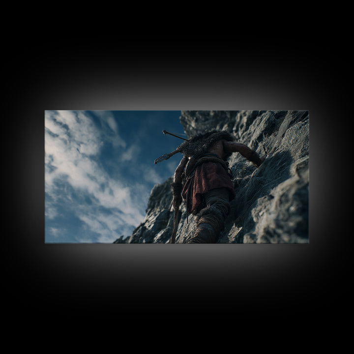 Rugged Warrior Climbing Sheer Mountain Cliff Canvas Print, Adventure Decor, Mountain Wall Art, Fantasy Art, Gift For Him