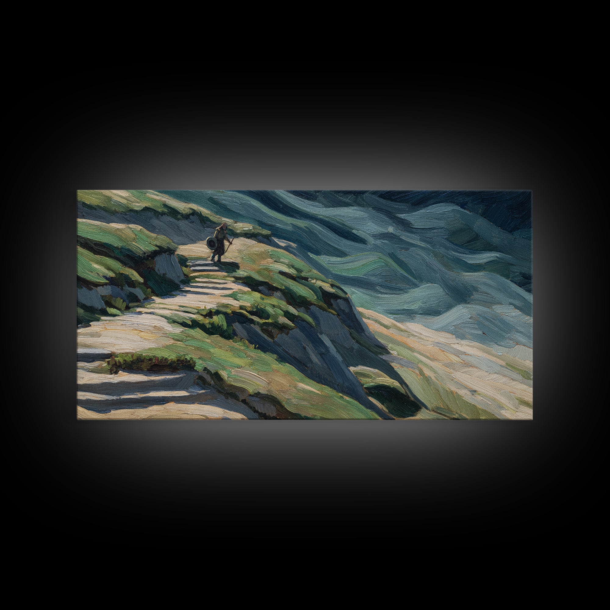 Rider On Mountain Path In Textured Hills Wall Art, Impressionist Landscape Canvas Print, Rustic Nature Decor, Home Decor