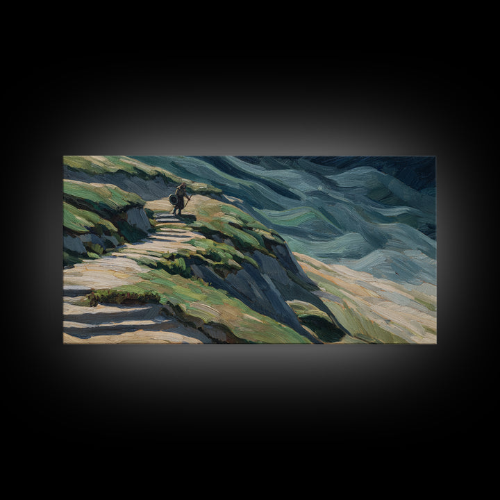 Rider On Mountain Path In Textured Hills Wall Art, Impressionist Landscape Canvas Print, Rustic Nature Decor, Home Decor