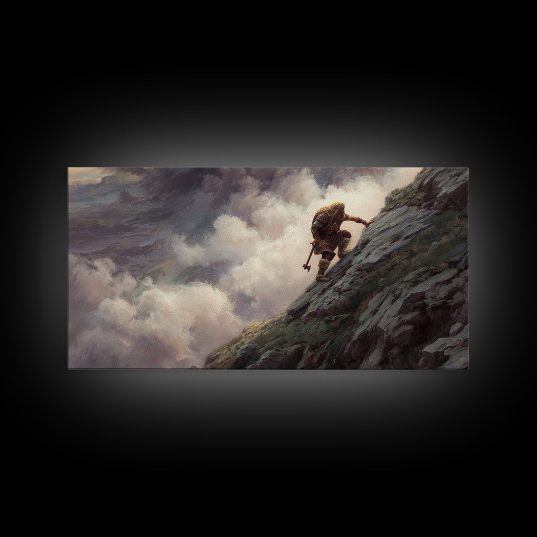 Lone Warrior Climbing Stormy Mountain Framed Canvas Print, Fantasy Adventure Wall Art, Moody Landscape Decor, Gift For Him