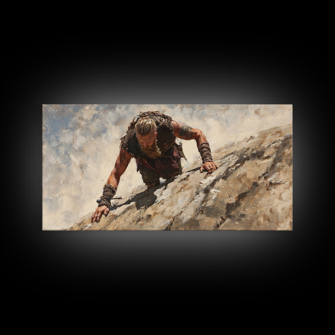 Rugged Viking Climbing Snowy Mountain Cliff Wall Art, Textured Adventure Canvas Print For Masculine Office Decor And Cabin Decor