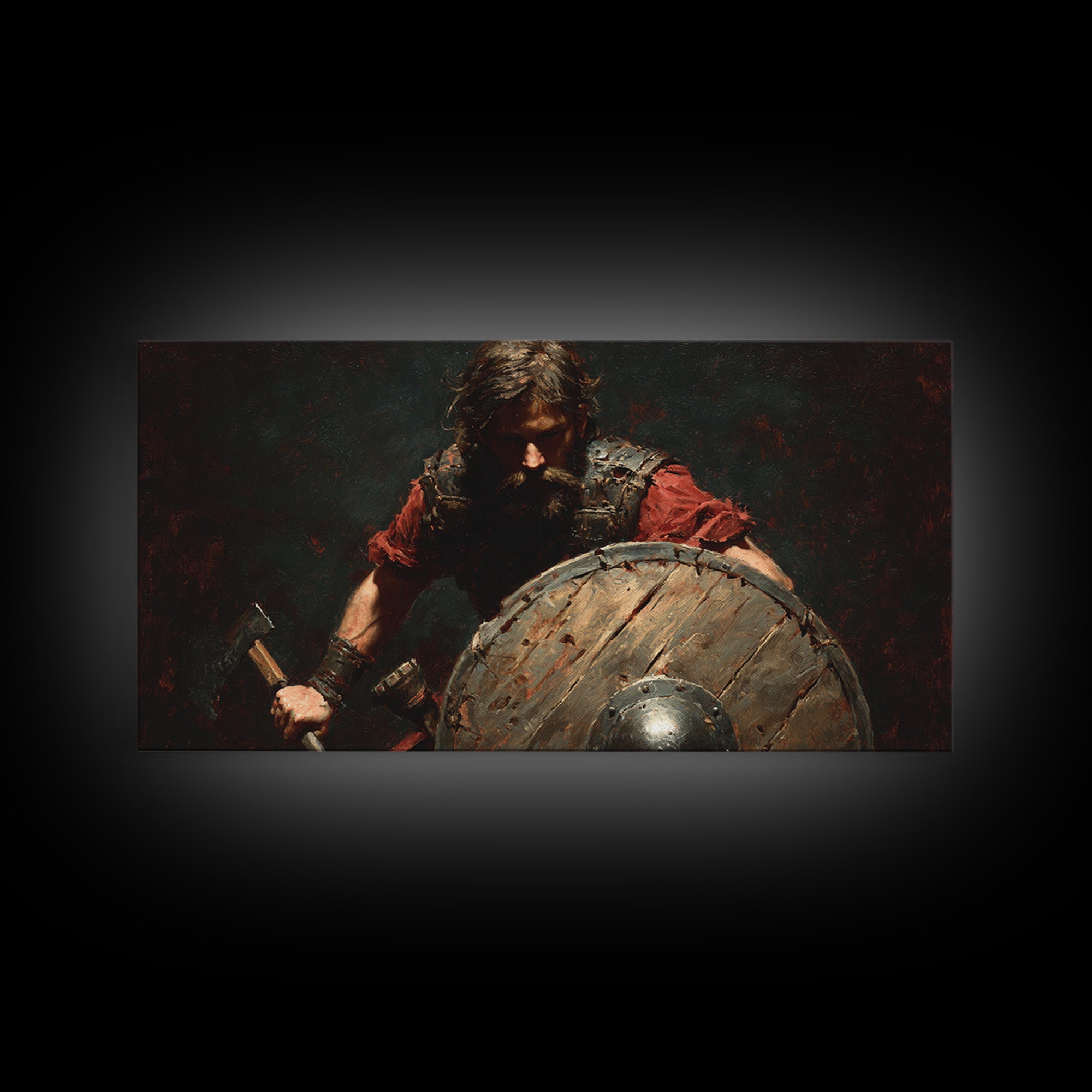Bearded Viking Warrior With Shield Canvas Print, Norse Battle Artwork, Dark Fantasy Art, Rustic Man Cave Wall Decor, Gift For Him
