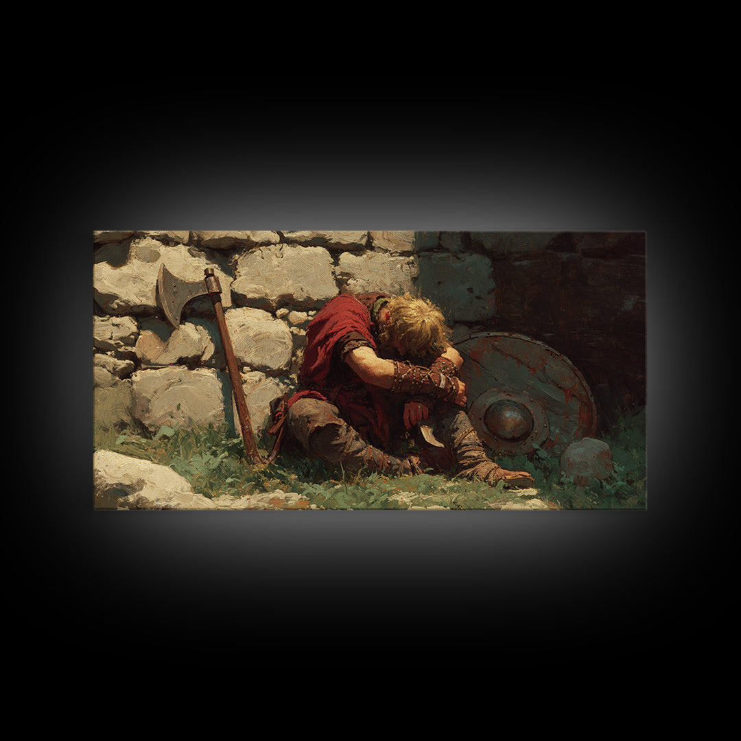 Wounded Viking Resting By Stone Wall Canvas Print, Norse Warrior Artwork, Rustic Historical Decor, Dark Academia Art, Gift For Him