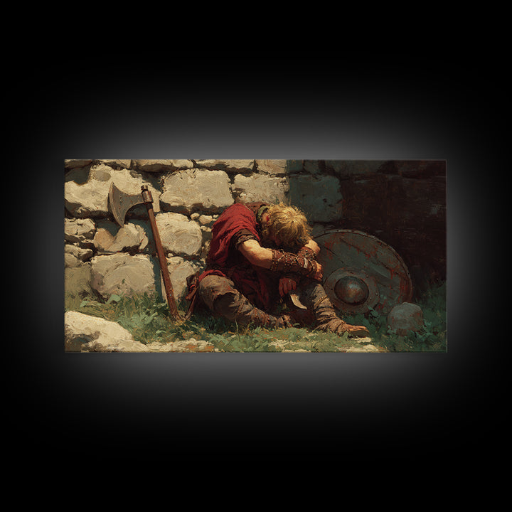 Wounded Viking Resting By Stone Wall Canvas Print, Norse Warrior Artwork, Rustic Historical Decor, Dark Academia Art, Gift For Him