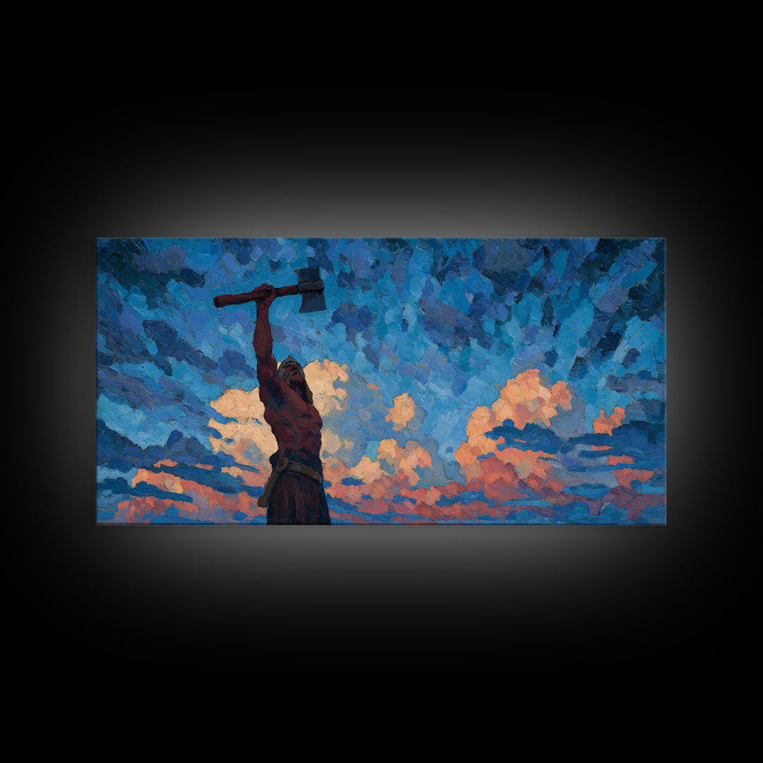 Dynamic Expressionist Oil Painting Of Man With Raised Axe Under Blue Sky Modern Wall Art Canvas Print
