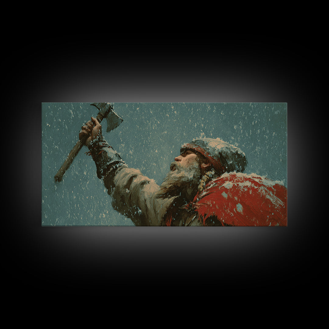 Bearded Viking Raising Axe In Snow Canvas Print, Norse Warrior Wall Art, Winter Fantasy Decor For Man Cave Or Office Gift