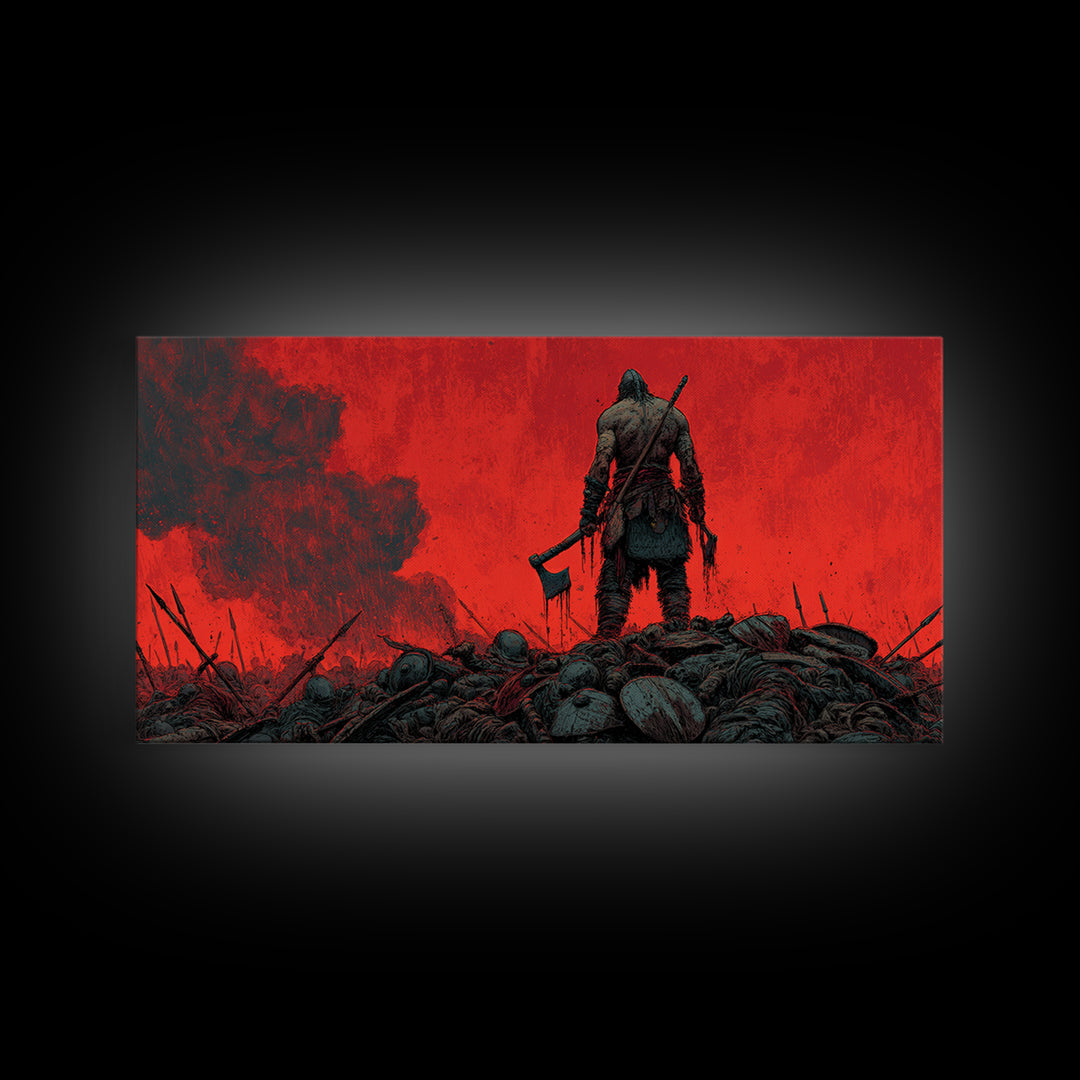 Lone Viking Warrior On Red Battlefield Wall Art, Dark Fantasy Canvas, Nordic War Decor, Masculine Office Art, Gift For Him