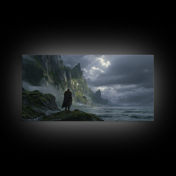 Lonely Wanderer On Stormy Sea Cliffs Canvas Print, Dark Fantasy Landscape Wall Art, Viking Coastal Decor, Moody Seascape
