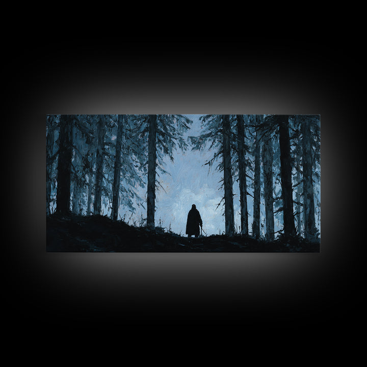 Lone Wanderer In Dark Pine Forest Wall Art, Moody Landscape Print, Gothic Nature Decor, Fantasy Cabin Wall Decor Gift For Him