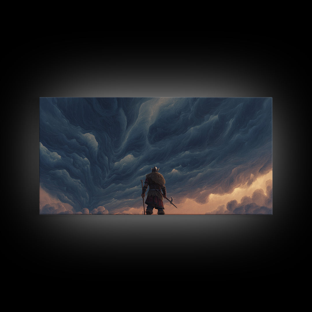Viking Warrior Beneath Storm Clouds Canvas Print, Nordic Fantasy Wall Art, Moody Landscape Decor, Gift For Him, Living Room Decor