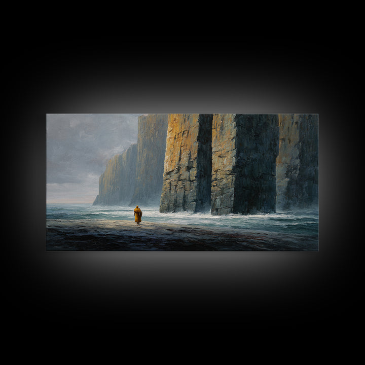 Lone Wanderer By Towering Sea Cliffs Wall Art, Moody Seascape Painting, Coastal Landscape Print, Dramatic Ocean Decor For Living Room