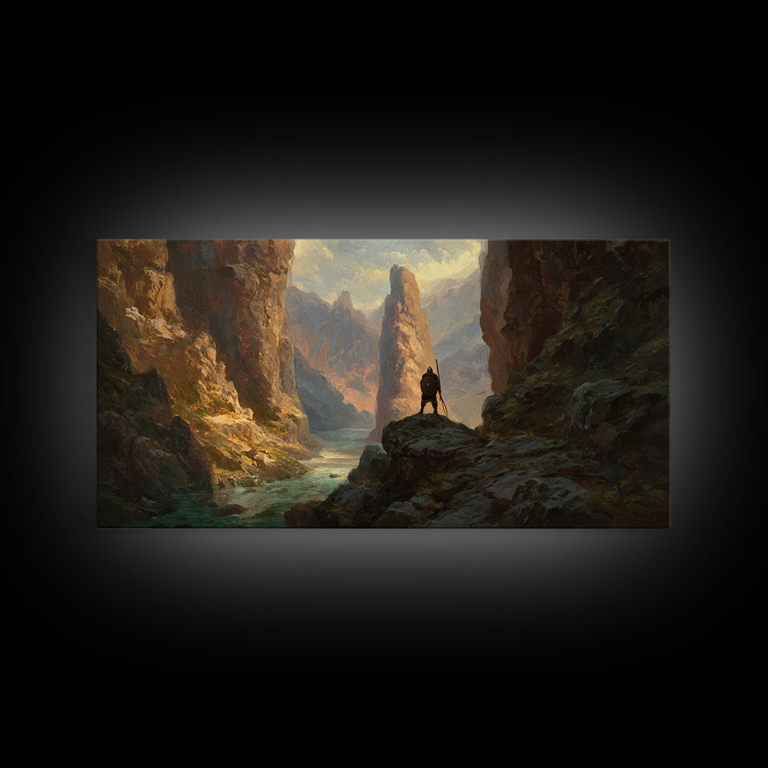 Lone Rider In Golden Canyon Canvas Print, Western Landscape Wall Art, Mountain Desert Decor, Large Rustic Home Decor, Housewarming Gift