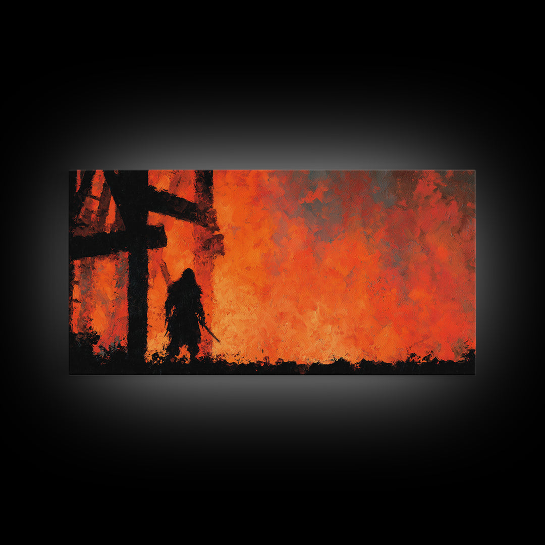 Dark Warrior Before Burning Tower Wall Art, Fiery Fantasy Landscape Print, Red Orange Gothic Decor, Dramatic Wall Decor Gift