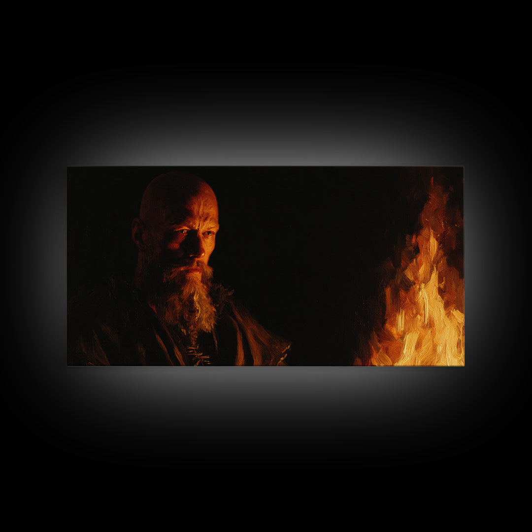 Bearded Man By Fire In Moody Light Canvas Print, Dark Portrait Wall Art, Rustic Viking Decor, Masculine Office Art, Gift For Him