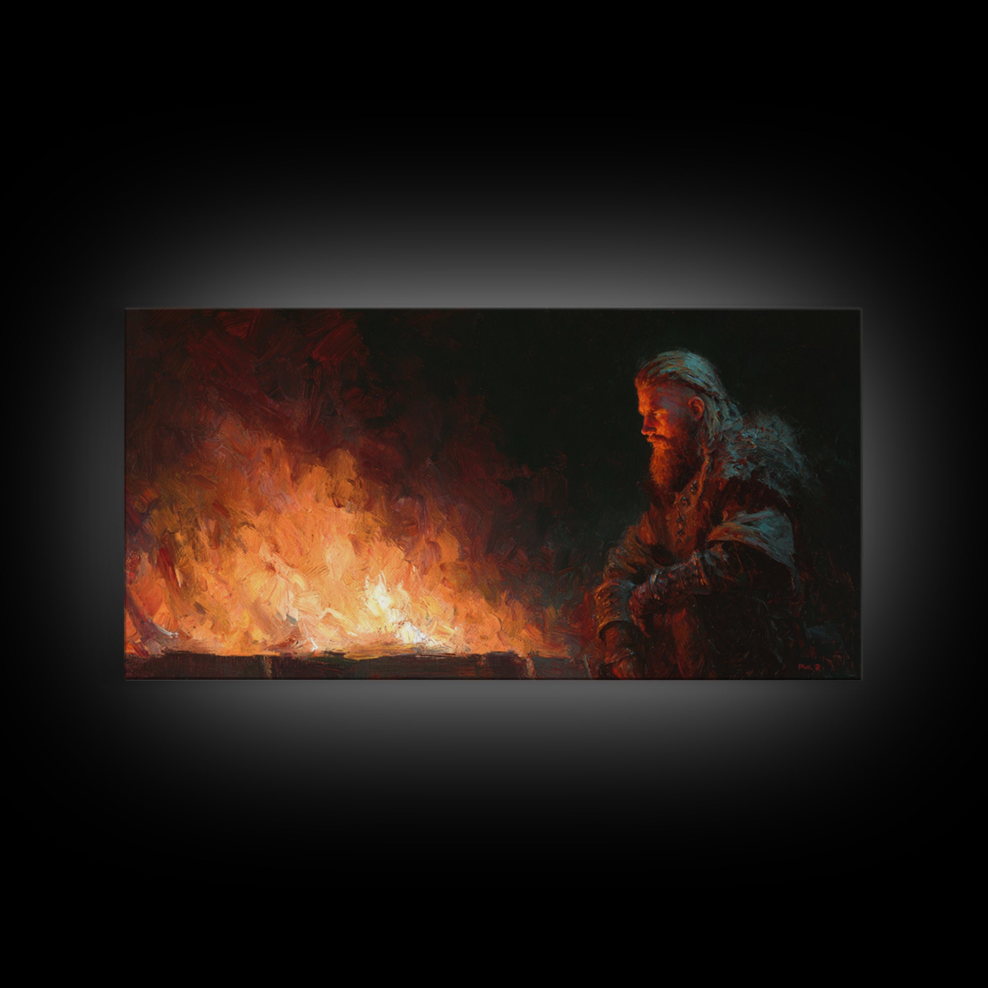 Bearded Viking Beside Blazing Fire Wall Art, Dark Nordic Canvas Print For Rustic Home Decor And Masculine Office Decor Gift