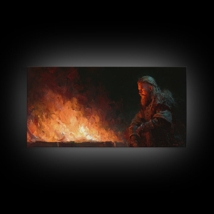 Bearded Viking Beside Blazing Fire Wall Art, Dark Nordic Canvas Print For Rustic Home Decor And Masculine Office Decor Gift