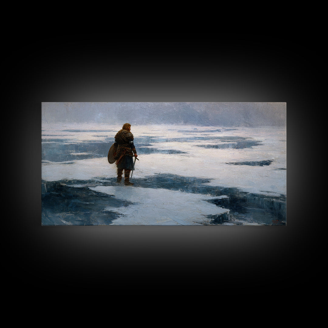 Lone Viking On Frozen Tundra Canvas Print, Nordic Winter Landscape Wall Decor, Medieval Warrior Art For Rustic Home Decor