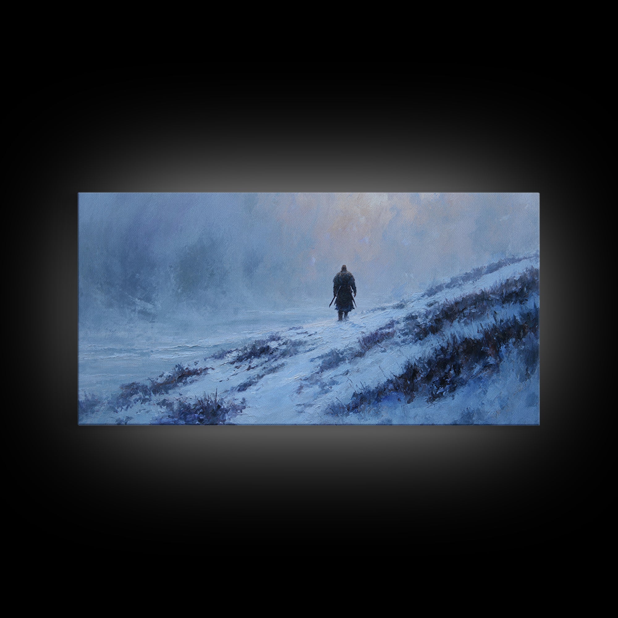 Lone Warrior In Snowy Blue Highlands Wall Art Winter Landscape Canvas, Viking Inspired Decor, Moody Large Print For Living Room Decor