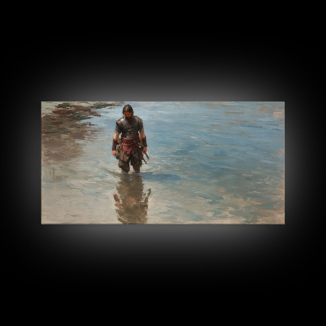 Solitary Warrior Walking Through Blue Water Canvas Print, Coastal Battle Wall Art, Heroic Landscape Decor, Modern Gift For Him