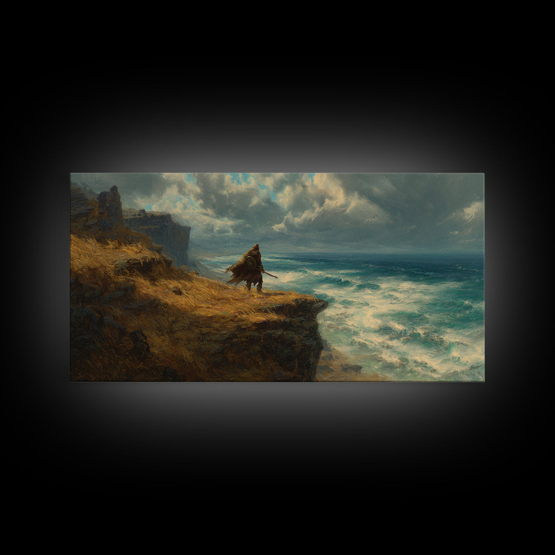 Cloaked Warrior On Ocean Cliff Wall Art, Moody Seascape Canvas Print, Fantasy Coastal Decor For Office Or Living Room Art
