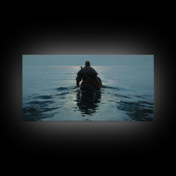 Lone Warrior Wading Into Calm Blue Sea Framed Canvas Print, Nautical Fantasy Wall Art, Moody Coastal Living Room Decor Gift