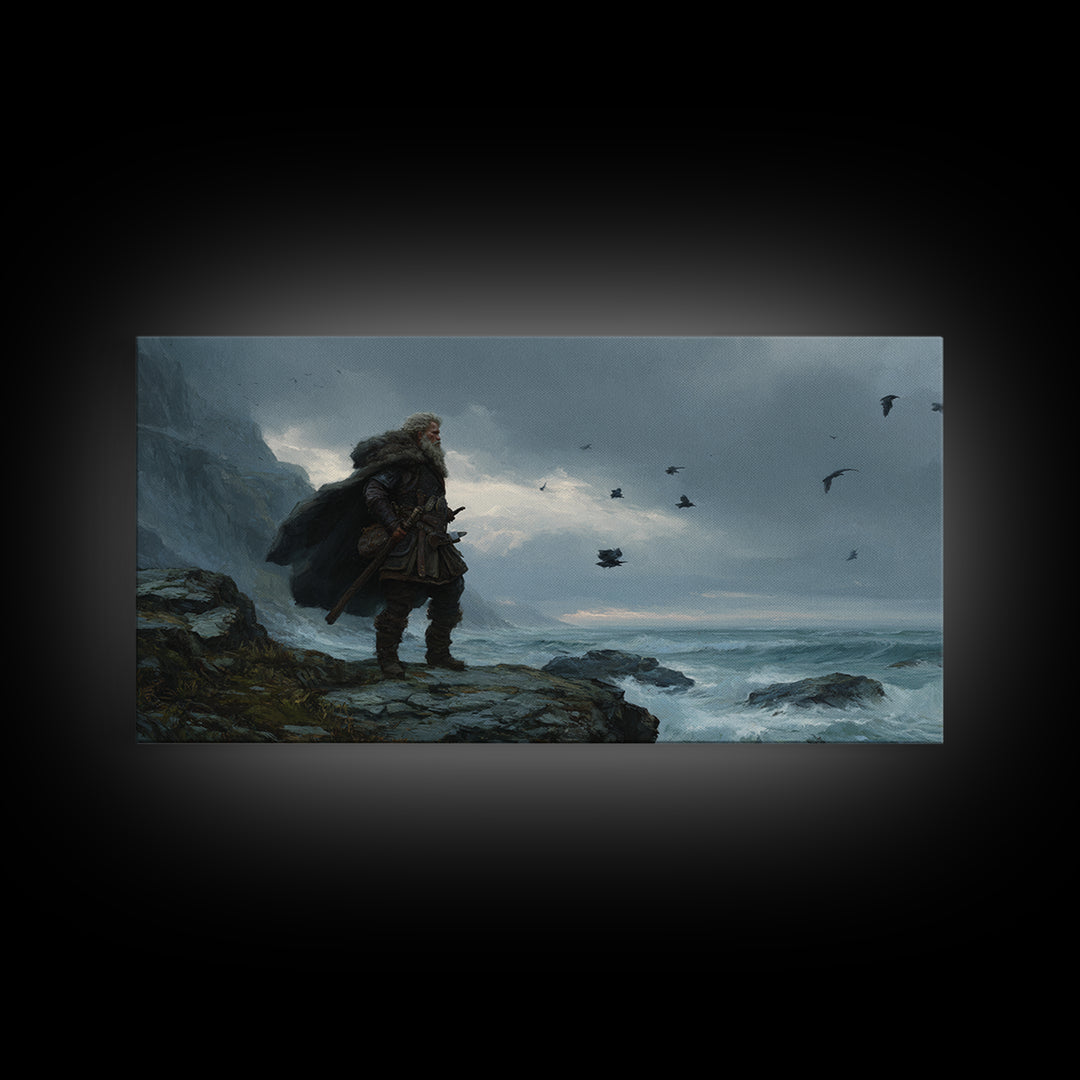 Weathered Viking On Stormy Sea Cliff Wall Art, Nordic Warrior Canvas Print For Masculine Office Decor And Coastal Home Decor