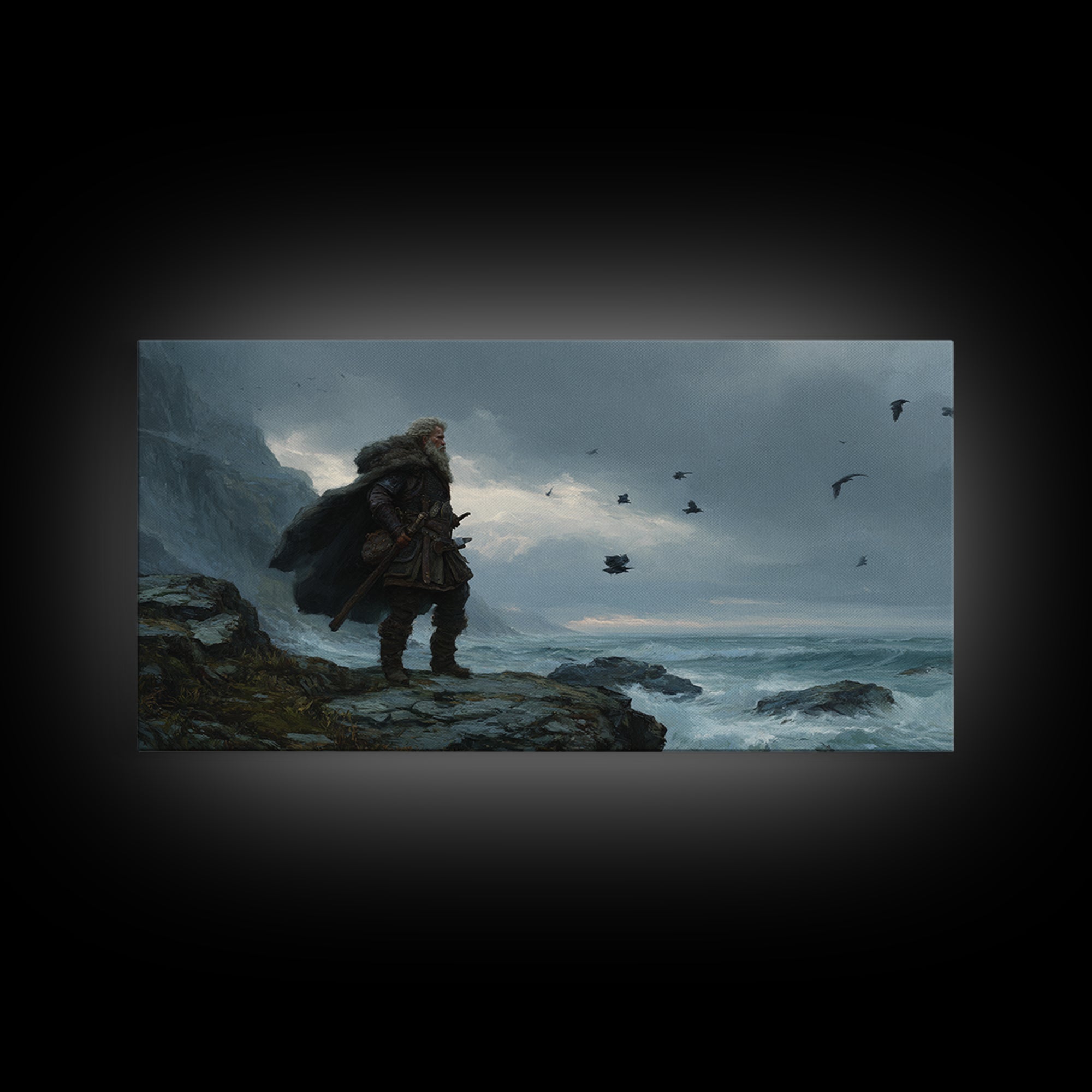 Weathered Viking On Stormy Sea Cliff Wall Art, Nordic Warrior Canvas Print For Masculine Office Decor And Coastal Home Decor