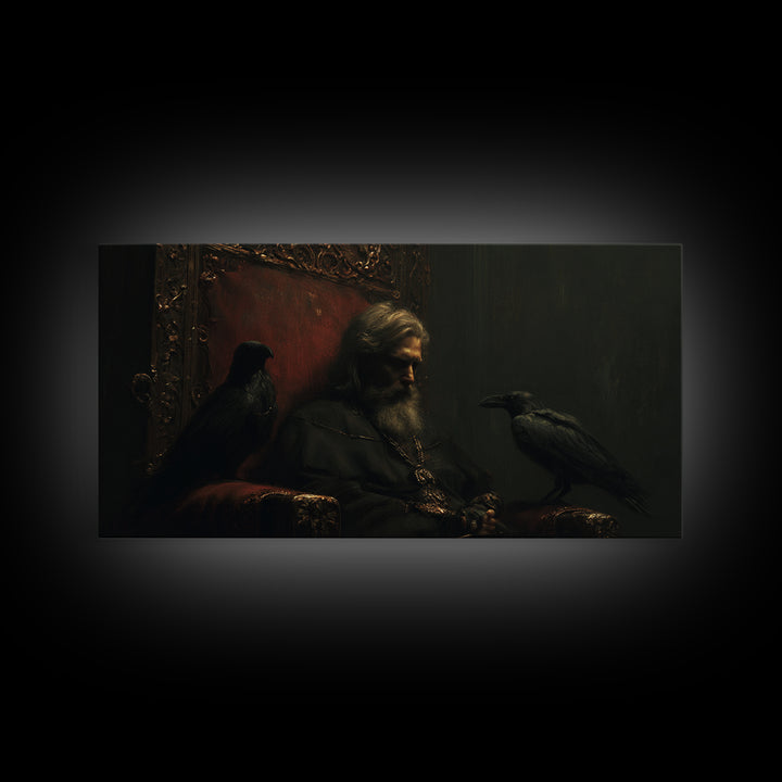Moody Raven King Throne Portrait Wall Art, Dark Academia Gothic Canvas Decor, Medieval Fantasy Painting For Living Room Decor