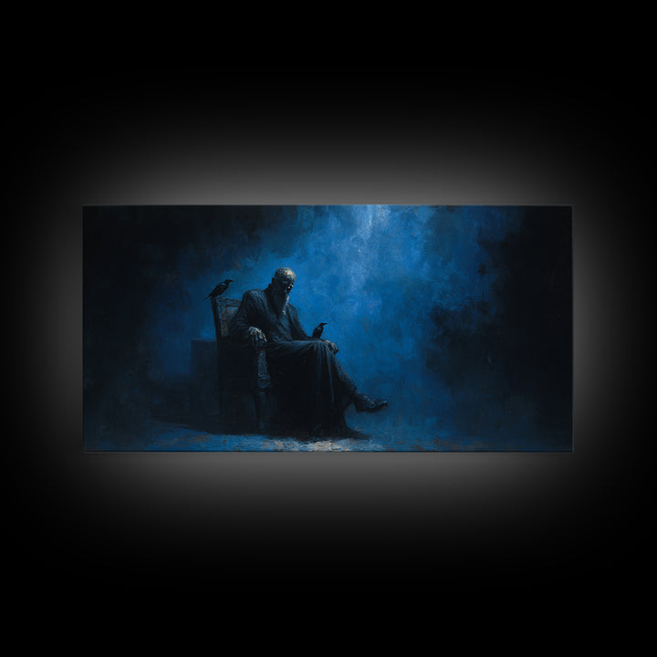 Dark Seated Figure With Raven Canvas Print Blue Gothic Portrait, Moody Wall Decor, Dark Academia Art For Living Room And Office Decor