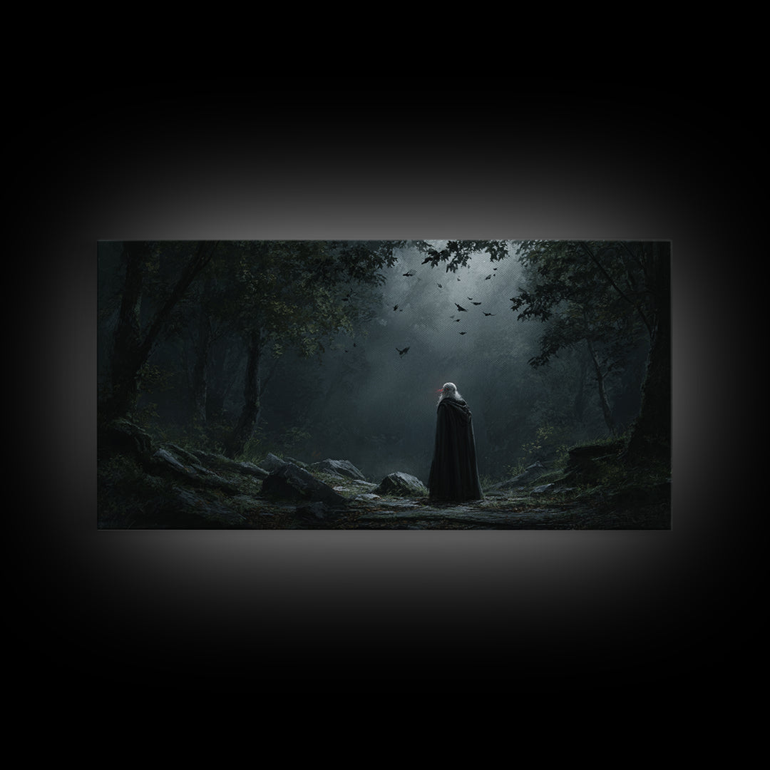 Cloaked Wanderer In Moonlit Gothic Forest Wall Art, Dark Fantasy Canvas Painting, Moody Woodland Decor Gift For Her And Witchy Home Decor