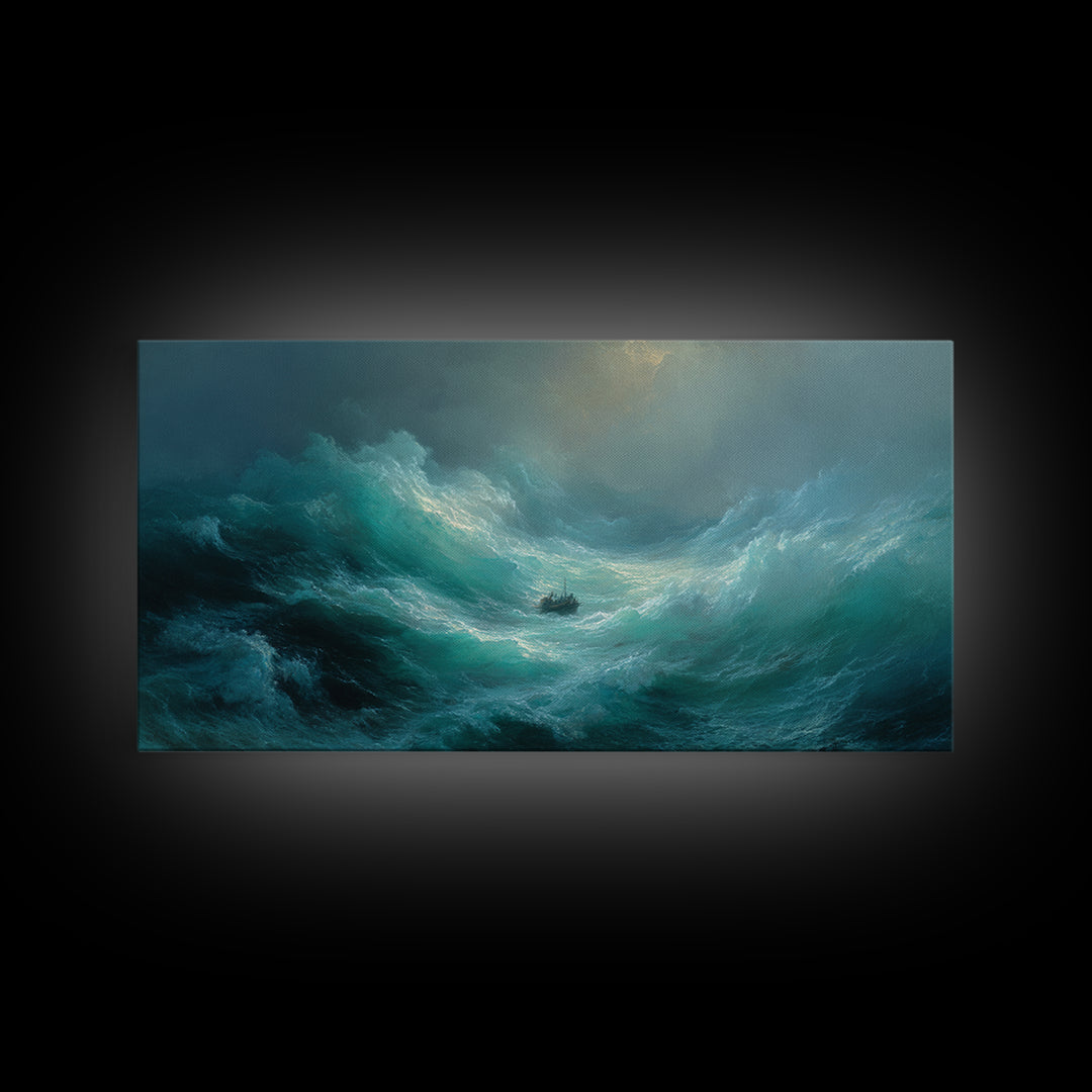 Stormy Ocean With Tiny Boat Canvas Print, Dramatic Seascape Wall Art, Moody Coastal Decor, Nautical Gift For Him, Ocean Art Print