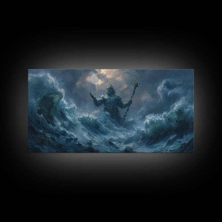 Majestic Mythical Ocean God Painting Wall Art Canvas Print For Coastal Rustic Home Decor And Living Room