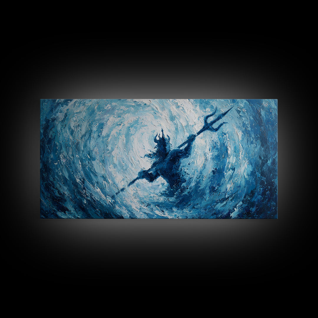 Poseidon Trident In Swirling Ocean Canvas Print Mythological Large Blue Wall Art, Fantasy Seascape For Coastal Home Decor