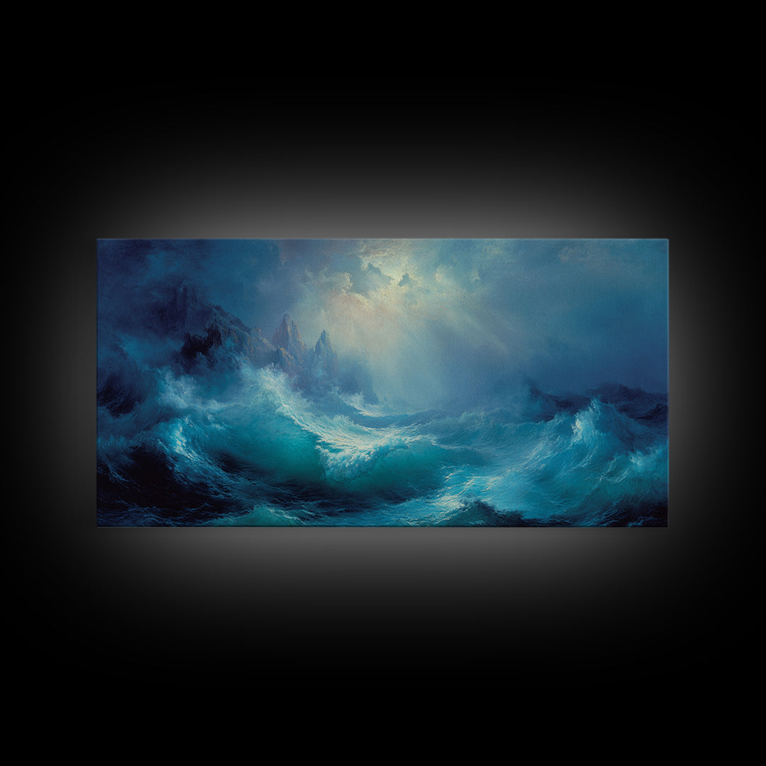 Stormy Turquoise Blue Ocean Waves Canvas Print, Dramatic Seascape Wall Decor, Coastal Landscape Art For Living Room Decor