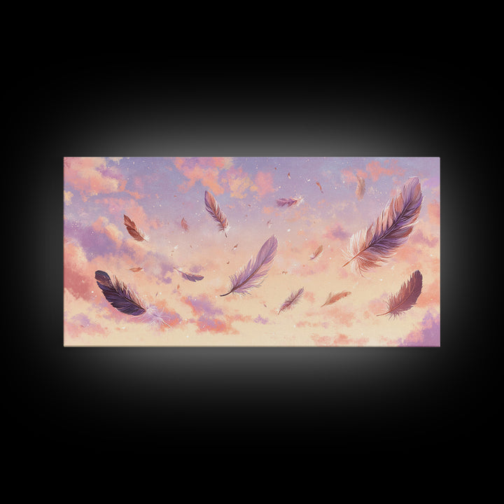 Floating Feathers Canvas Print, Pastel Sunset Sky Wall Art, Dreamy Celestial Decor, Soft Boho Bedroom Wall Decor, Gift For Her