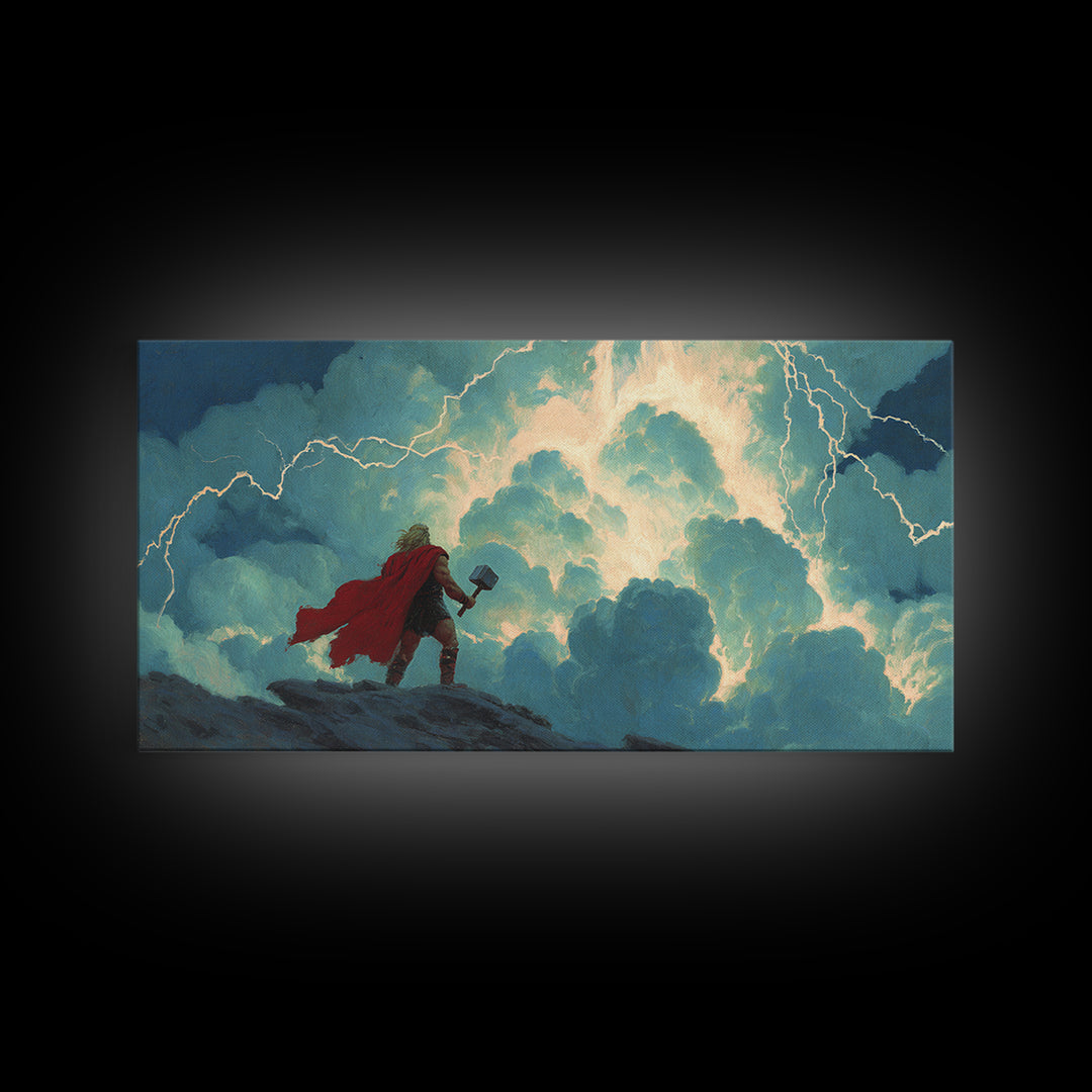 Norse Thunder God With Hammer Wall Art, Lightning Storm Mythology Canvas Decor, Viking Fantasy Print For Game Room Decor