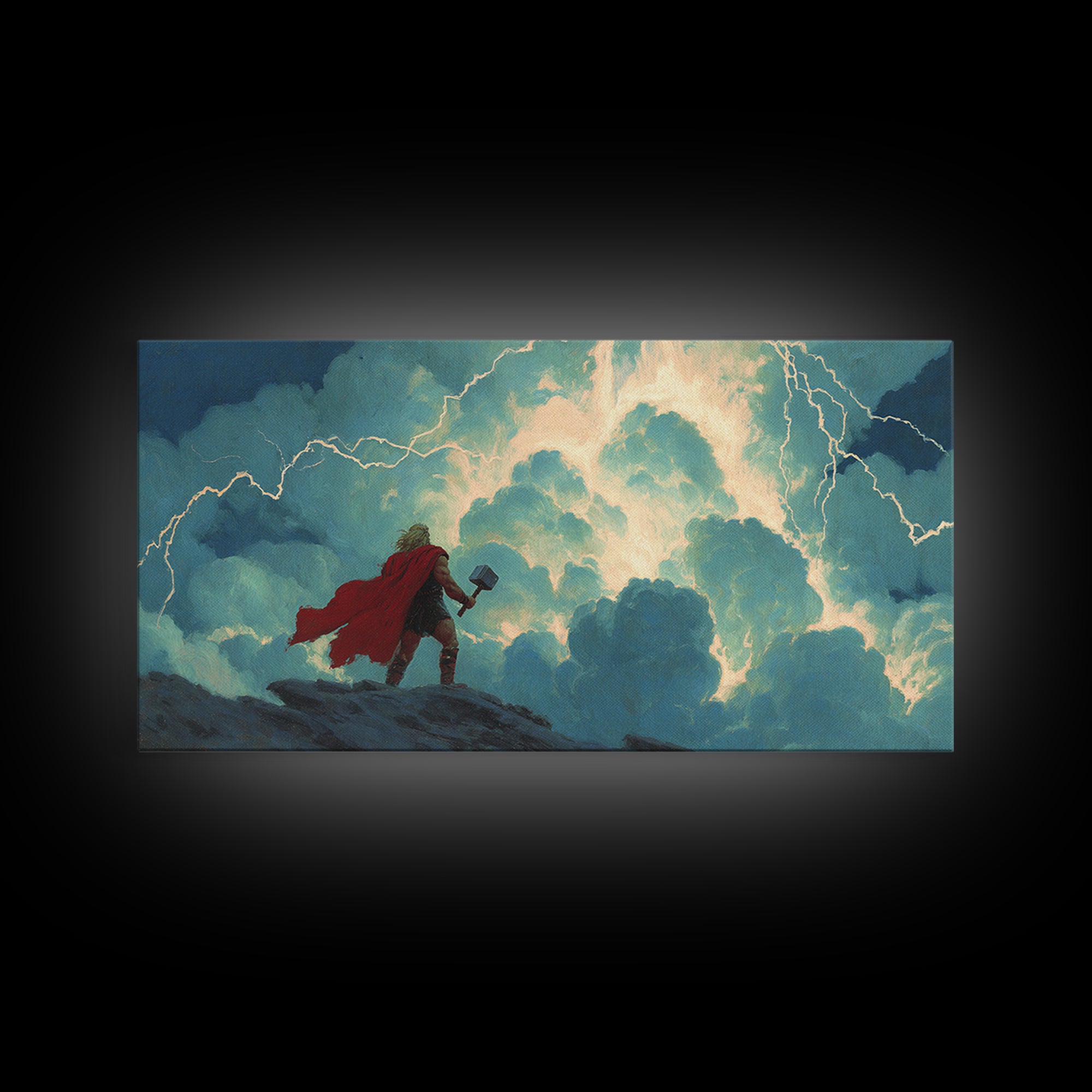 Norse Thunder God With Hammer Wall Art, Lightning Storm Mythology Canvas Decor, Viking Fantasy Print For Game Room Decor