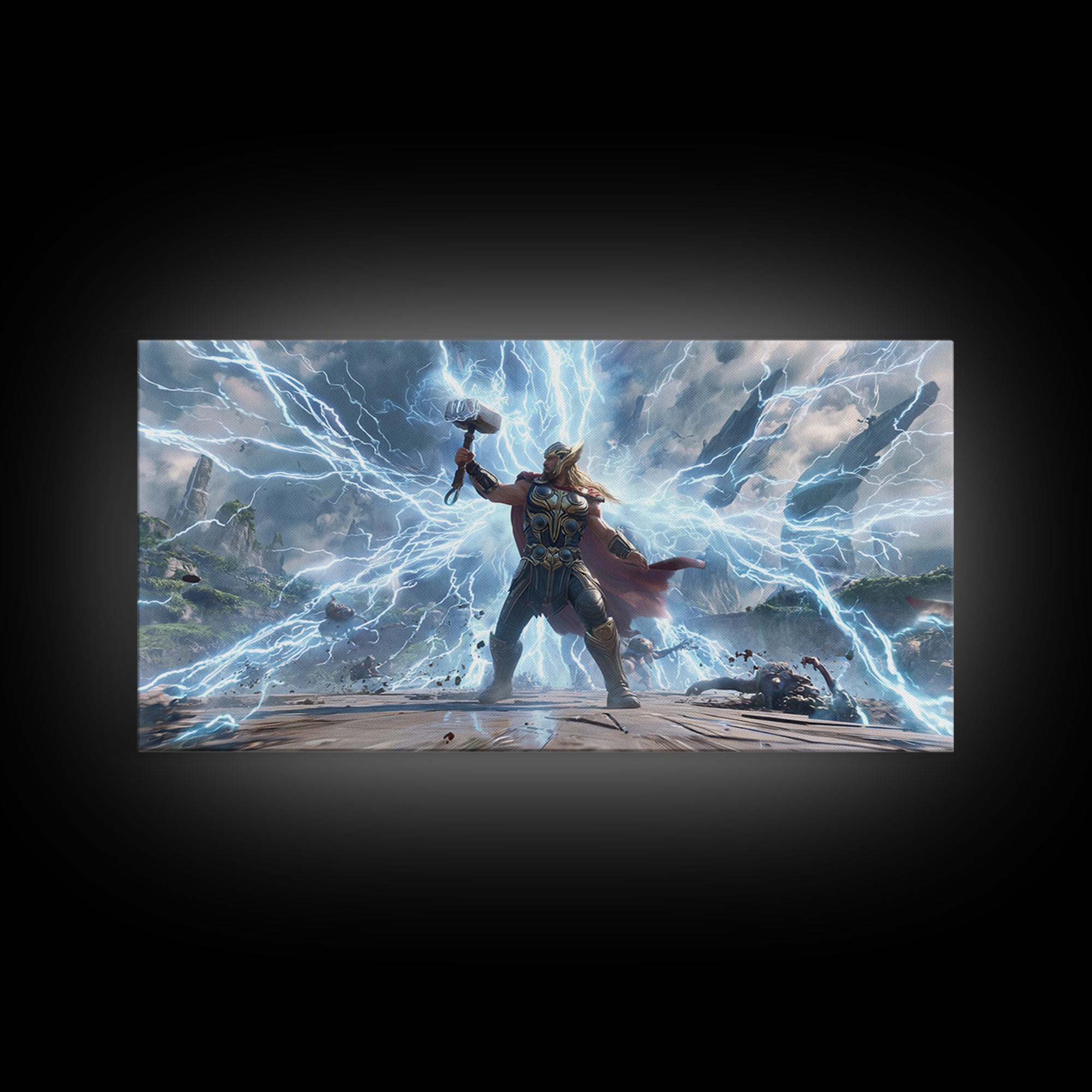 Epic Fantasy Artwork Of Thunder God Wielding Hammer Lightning Storm Detailed Surreal Wall Art Canvas Print
