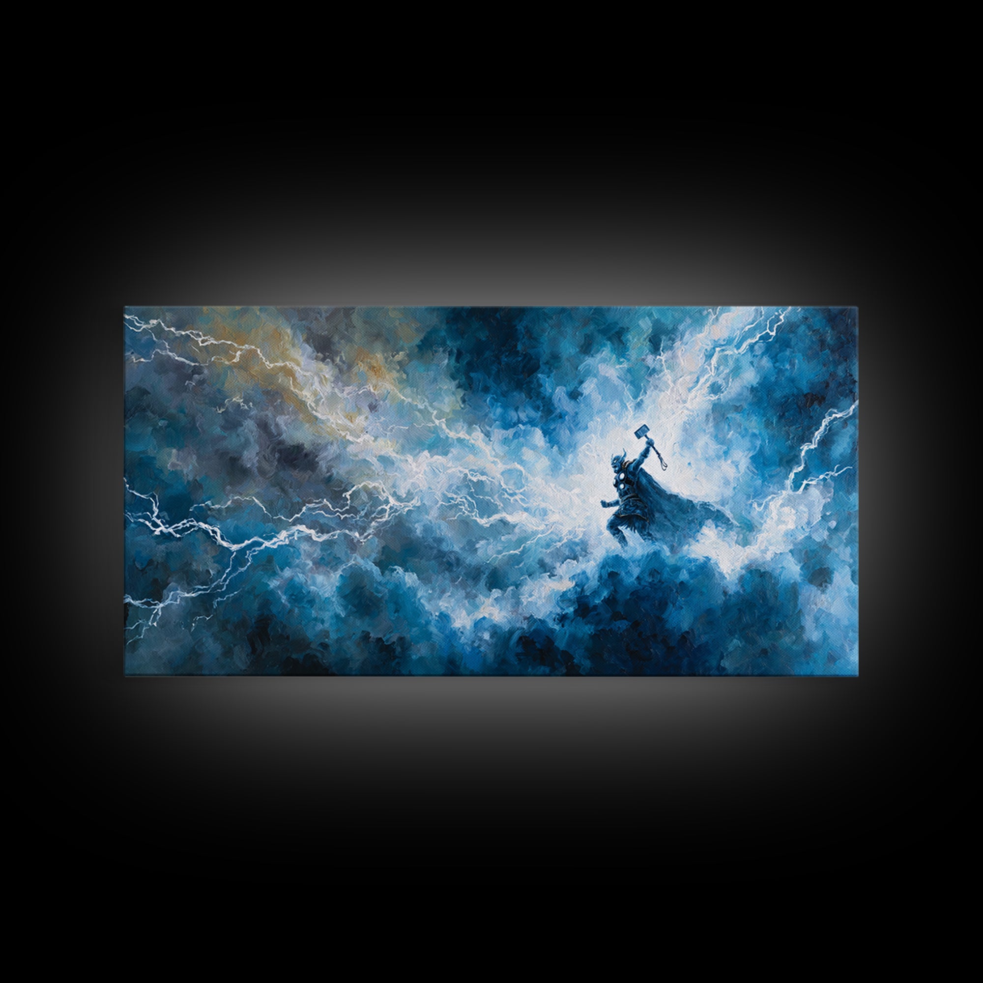 Thunder God In Lightning Storm Canvas Print Epic Fantasy Wall Art, Blue Mythology Home Decor, Viking Inspired Gift For Him
