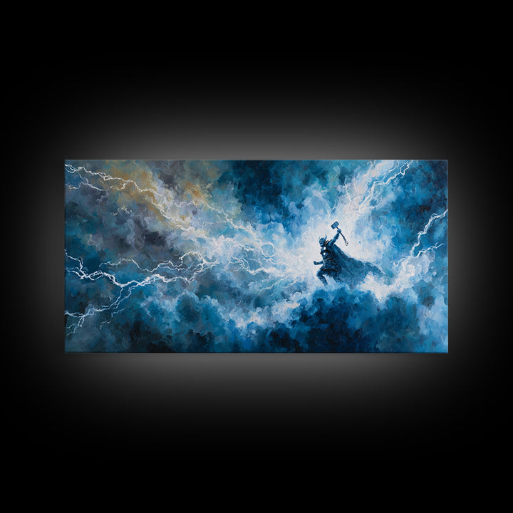 Thunder God In Lightning Storm Canvas Print Epic Fantasy Wall Art, Blue Mythology Home Decor, Viking Inspired Gift For Him