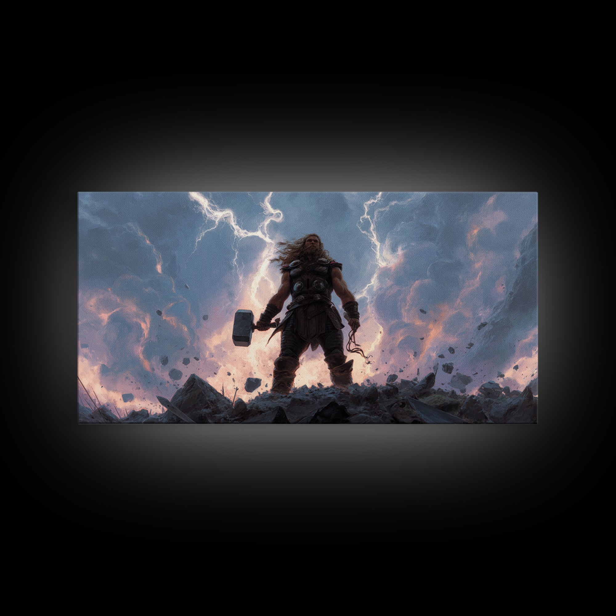 Thunder God Warrior With Hammer And Lightning Wall Art, Mythological Fantasy Canvas Print, Dramatic Storm Decor Gift For Him