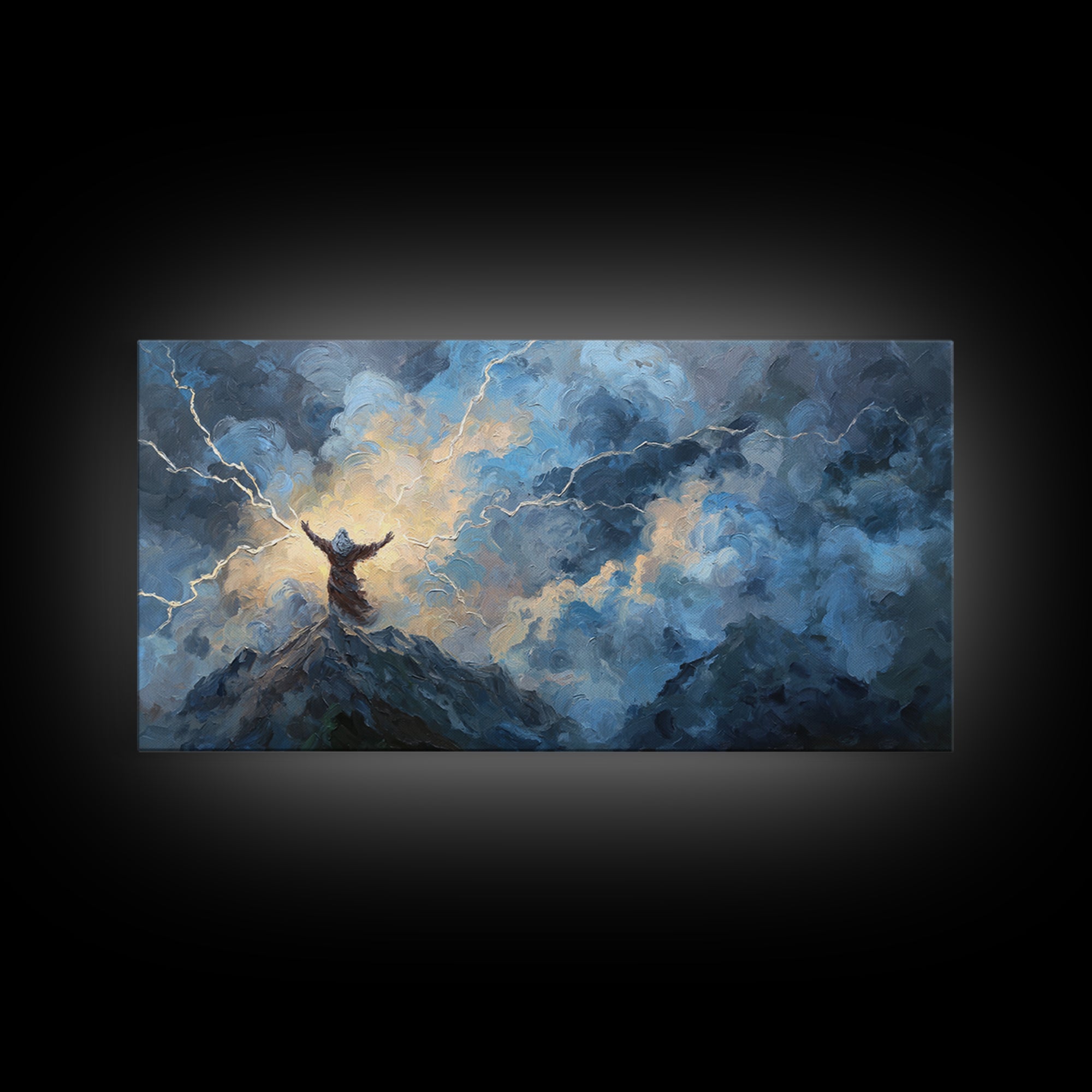 Storm Figure On Mountain Peak Canvas Print Lightning Sky Wall Art, Mythological Fantasy Landscape For Dramatic Home Decor