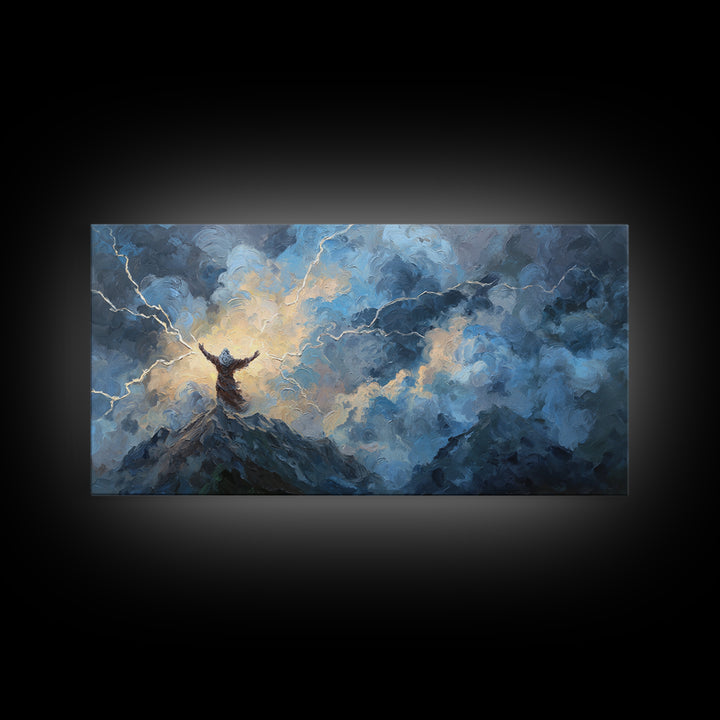 Storm Figure On Mountain Peak Canvas Print Lightning Sky Wall Art, Mythological Fantasy Landscape For Dramatic Home Decor