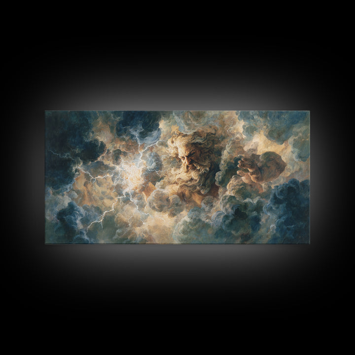 Storm Cloud God With Lightning Wall Art, Mythological Canvas Print, Dramatic Fantasy Decor, Dark Academia Living Room Art