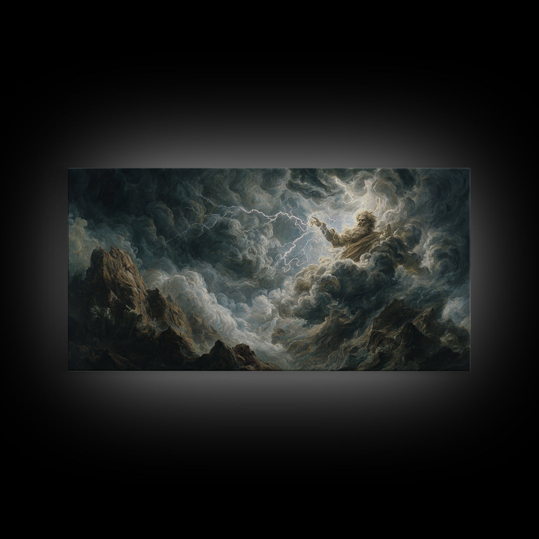 Stormy Divine Figure In Lightning Clouds Wall Art, Dramatic Mythological Canvas Print For Moody Gothic Home Decor And Fantasy Art