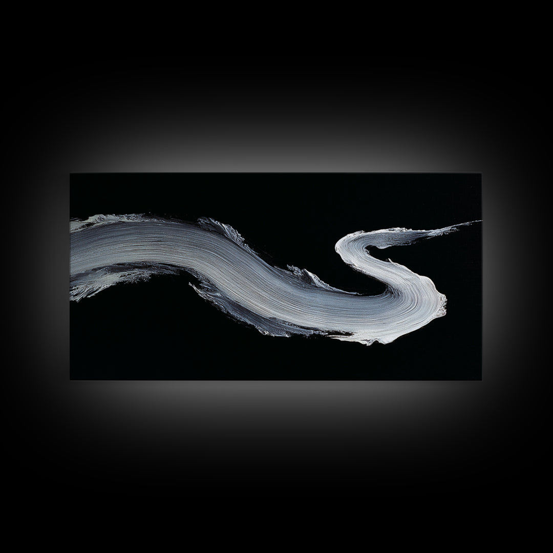 Abstract Bold White Brushstroke On Black Background Modern Wall Art, Canvas Print For Contemporary Home Decor And Office Decoration