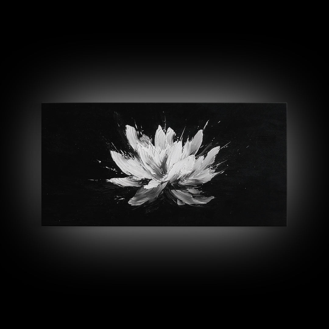 Abstract White Flower On Black Background Minimalist Wall Art Modern Home Decor Canvas Print For Living Room And Bedroom